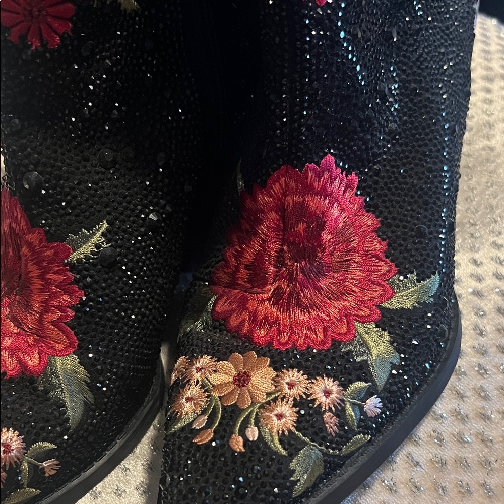 Floral Embroidered sparkle Black Ankle Boots - Picture 4 of 5